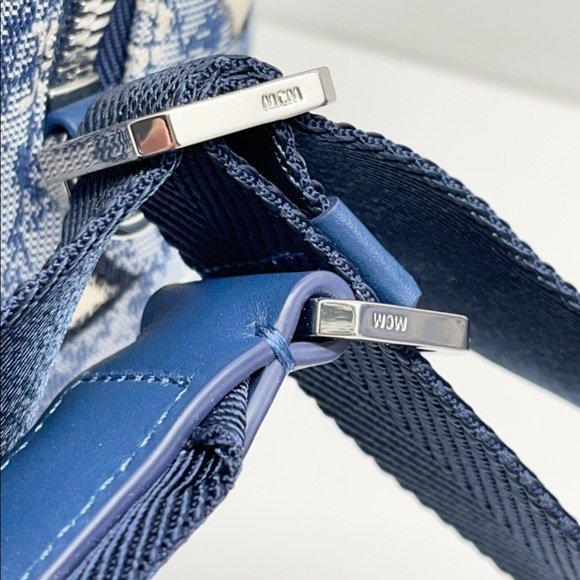 MCM New With Tags Logo Monogrammed Jacquard & Leather Blue Backpack - Picture 8 of 14